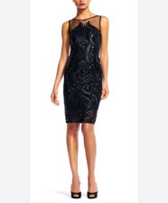 Adrianna Papell Dress 10 Black Sequins Mesh Illusion Bateau Sheath Party Holiday