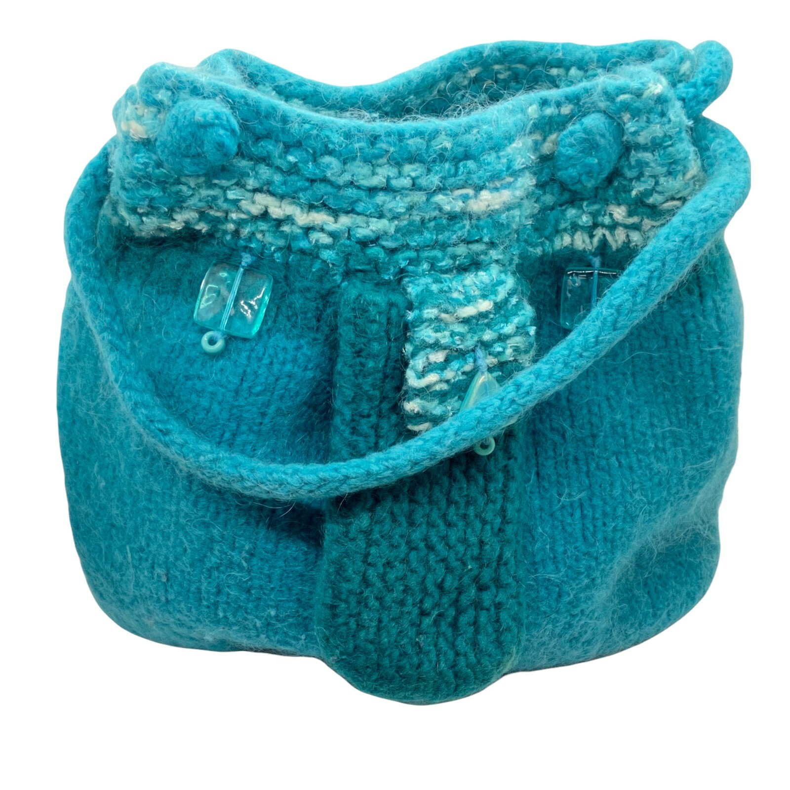 Handbag Purse Womens Blue Hand Knitted Pocket Double Handles Shoulder One Size-image