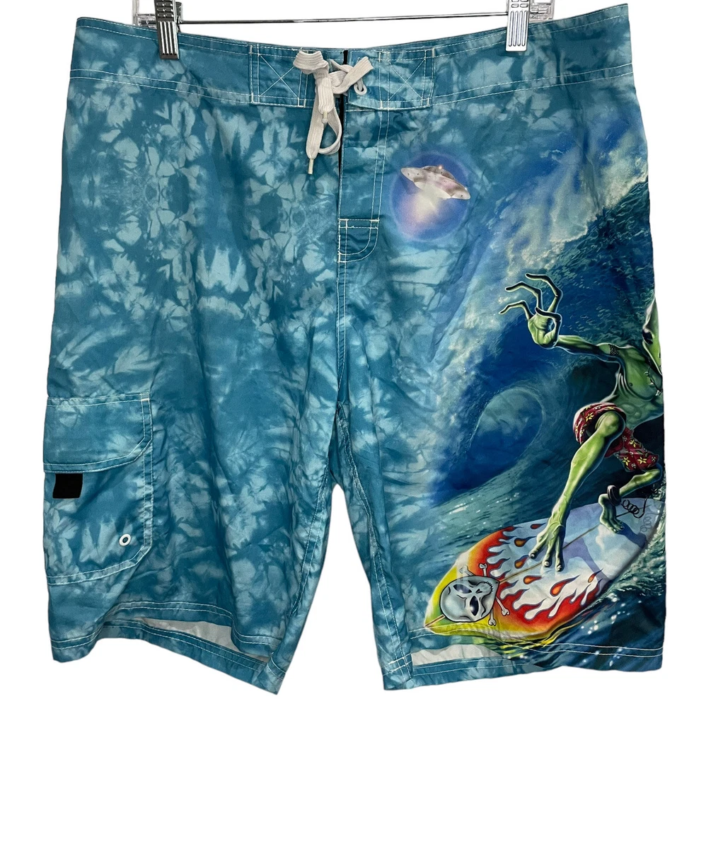 The Mountain Mens Alien Surf Board Shorts Swim Trunks Blue Beach Size 36 Pocket