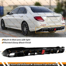 FOR 17-20 BENZ W213 E-CLASS B STYLE RED LED BUMPER DIFFUSER + BLACK EXHAUST TIPS
