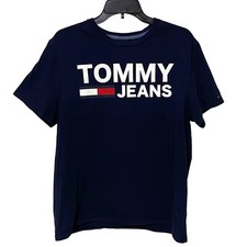 Tommy Jeans Spell Out T-Shirt M Navy Blue Preppy Logo Pop Culture Patriotic Y2K