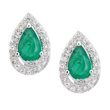 9ct White Gold Emerald and Diamond Teardrop Stud Earrings By Naava