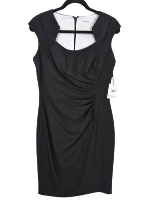 calvin klein little black dress Women's Short Sleeve Sheath - Calvin Klein Logo Badge At The Hem Shape Calvin Klein Women's Ruched Dress