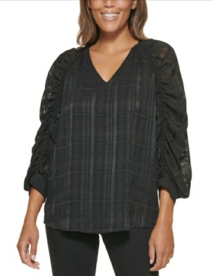 Calvin Klein  Plaid Gathered Sleeve-Semi Sheer Top Black SIZE XS