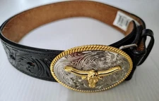 3-D BELT CO Longhorn Gold/Silver Buckle Black Tool Leather Rodeo 4H Belt-Boys 18