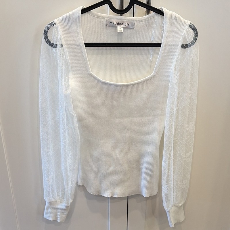 Madden Girl White Ribbed Knit Top Square Neck Lace Long Sleeve Pullover M
