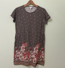 j. jill T-Shirt Dress Gray Pink Floral Border Short-Sleeve Cotton Women's MP