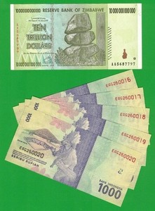 Zimbabwe 10 Trillion Dollar + Indonesia 1000 Rupiah x 5 Banknotes Lot