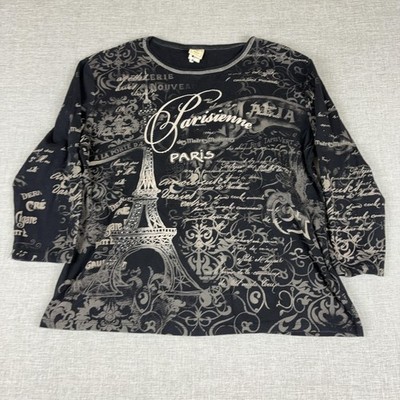 Jess & Jane Shirt Womens XL Black Crewneck 3/4 Sleeve Paris Eiffel Rhinestone