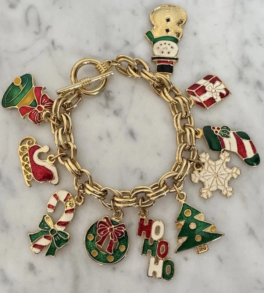 Brazalete de 7" con cadena de doble eslabón tono dorado esmalte rojo/verde tema navideño Foto 4 de 4