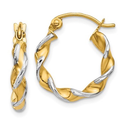 Ausgefallene gedrehte Creolen 10 mm 14 Karat Gelbgold mit Rhodium poliert 2,75 mm TM232
