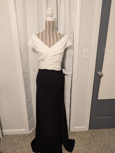 Adrienna Papell Black & White Evening Gown Slit Ruching Size 16 NWT - Picture 17 of 20