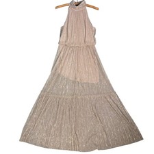 NWT Eliza J Halter Tiered Maxi Dress Size 6 Rose Gold Illusion Overlay Shimmer
