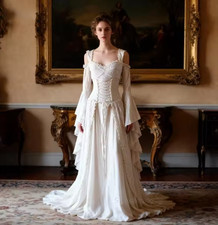Medieval Corset Lace Wedding Dress Straps Flare Sleeves A-Line Vintage Victorian