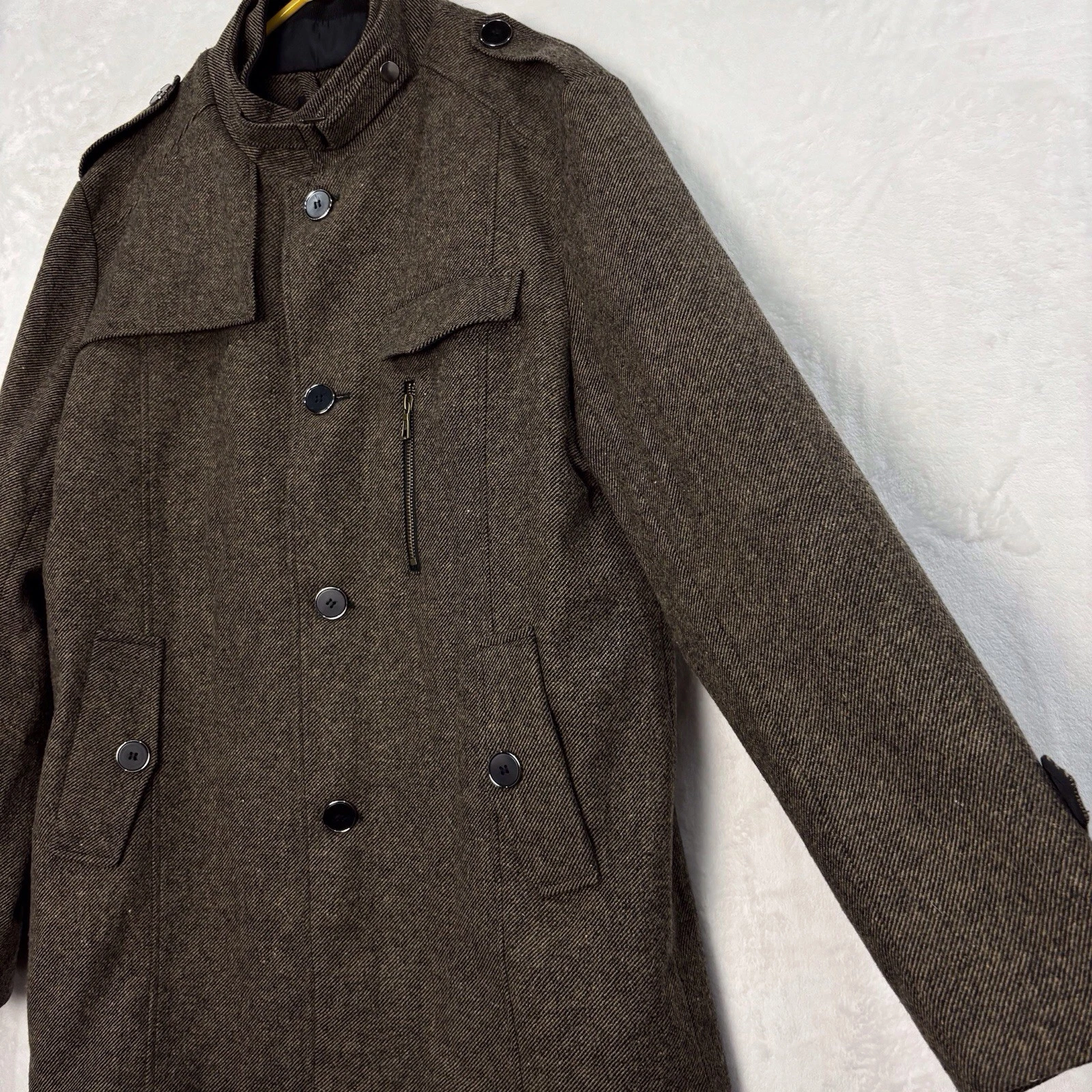 Wantdo Wool Blend Pea Coat Jacket Trench Coat Men L Herringbone Tweed Brown NEW - product detail image 4
