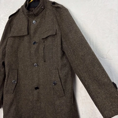 Wantdo Wool Blend Pea Coat Jacket Trench Coat Men L Herringbone Tweed Brown NEW image 4