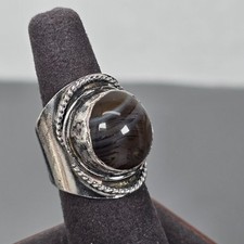 Vintage Sterling Silver Statement Ring W/ Banded Agate Stone Adjustable Size 8