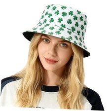 St. Patrick's Day Bucket Hat for Women Men Lucky Clover Double Medium White