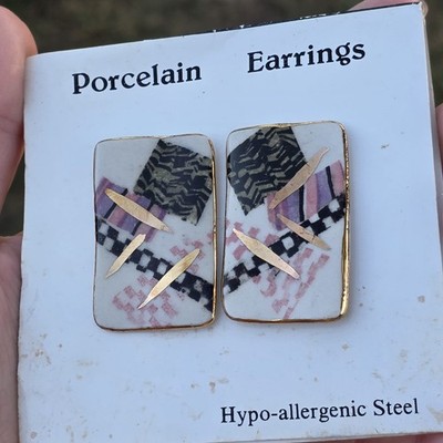 Vtg Artisan Glazed Porcelain Art Rectangle Earrings Pierced Abstract Hypoallerge