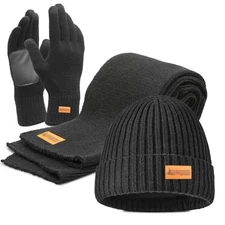 MADOG Winter Warm Knit Synthetic Wool Beanie Hat Scarf Touchscreen Gloves Set 