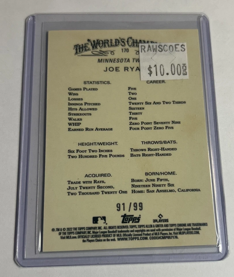 2022 Topps Allen and Ginter Chrome Green Refractors RC #170 Joe Ryan /99 - Image 2 of 2