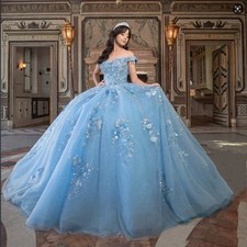 Light Blue Princess Quinceanera Dresses VGlittering Flower Lace Party Ball Gown