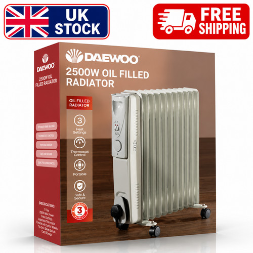 2500W 11 Fin Oil Filled Radiator Portable Electric Heater with Thermostat