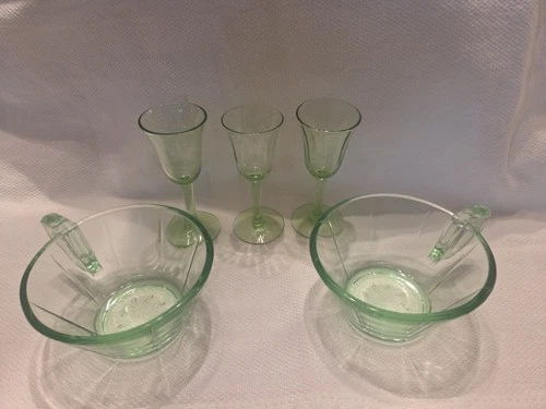 Lot Of Five Pieces Of Green Depression Glass, No Damage