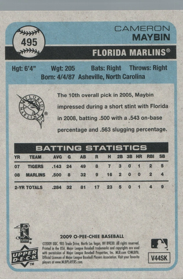 #495 Cameron Maybin Florida Marlins 2009 O-PEE-CHEE Baseball Card FAU - Image 2 of 2