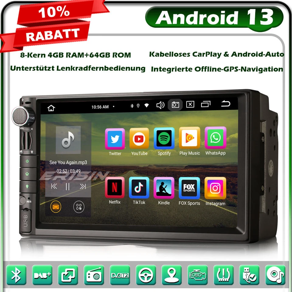 8-Kern 64GB Android 13 Doppel Din GPS Autoradio 2DIN Navi DSP CarPlay DAB+BT 5.0 - Bild 2 von 4