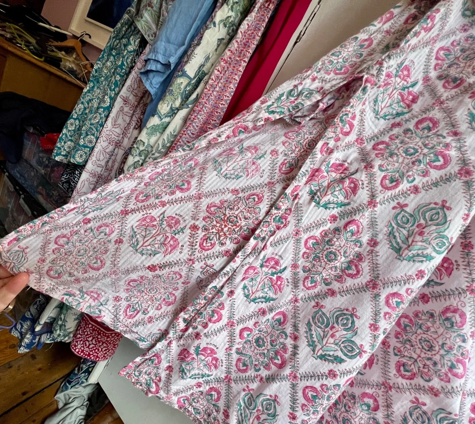 FABINDIA Kaftan Dress XXL Pink Green Floral Hand Block Print Cotton Midi Length - Image 4 of 4