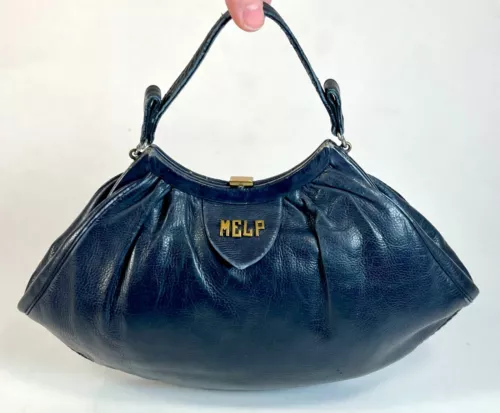 Vintage 1940's small navy dark blue leather purse handbag with 'MELP' monogram
