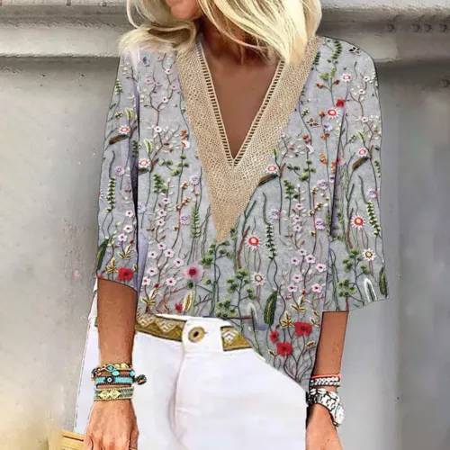 Damen Freizeit Boho Blumen V-Ausschnitt 3/4 Ärmel lose Blusen Shirts Sommer Tops - Bild 11 von 25