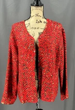 Chico's Design Blazer Women Large SILK Red Orient Weave Multicolor Jacket Pocket