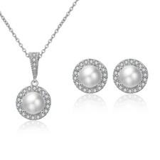 ZARD Pearl and Dimond-Cut CZ Halo Stud Earring and Necklace Set Bridal Jewelry