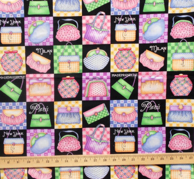 Joy Hall Fabric Purses Paris Milan New York Patchwork Pink  Black  23'' Cotton