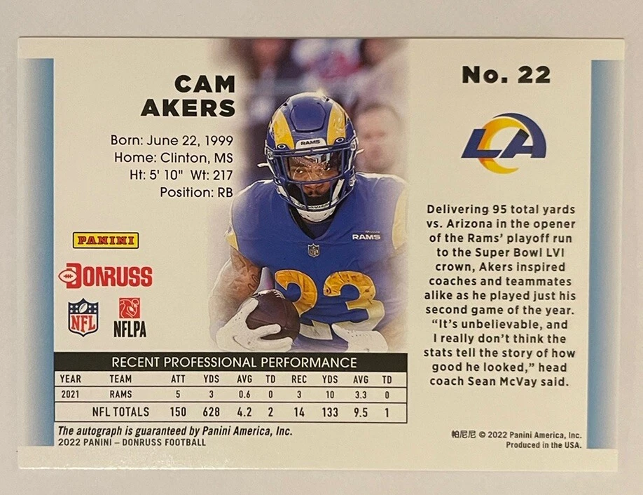 Cam Akers RC Auto 2022 Donruss NFL Retro 1992 #/25 Los Angeles Rams - Image 2 of 3