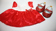 Build A Bear BAB Red Holiday Satin Dress Studded Heart Matching Sparkly Shoes