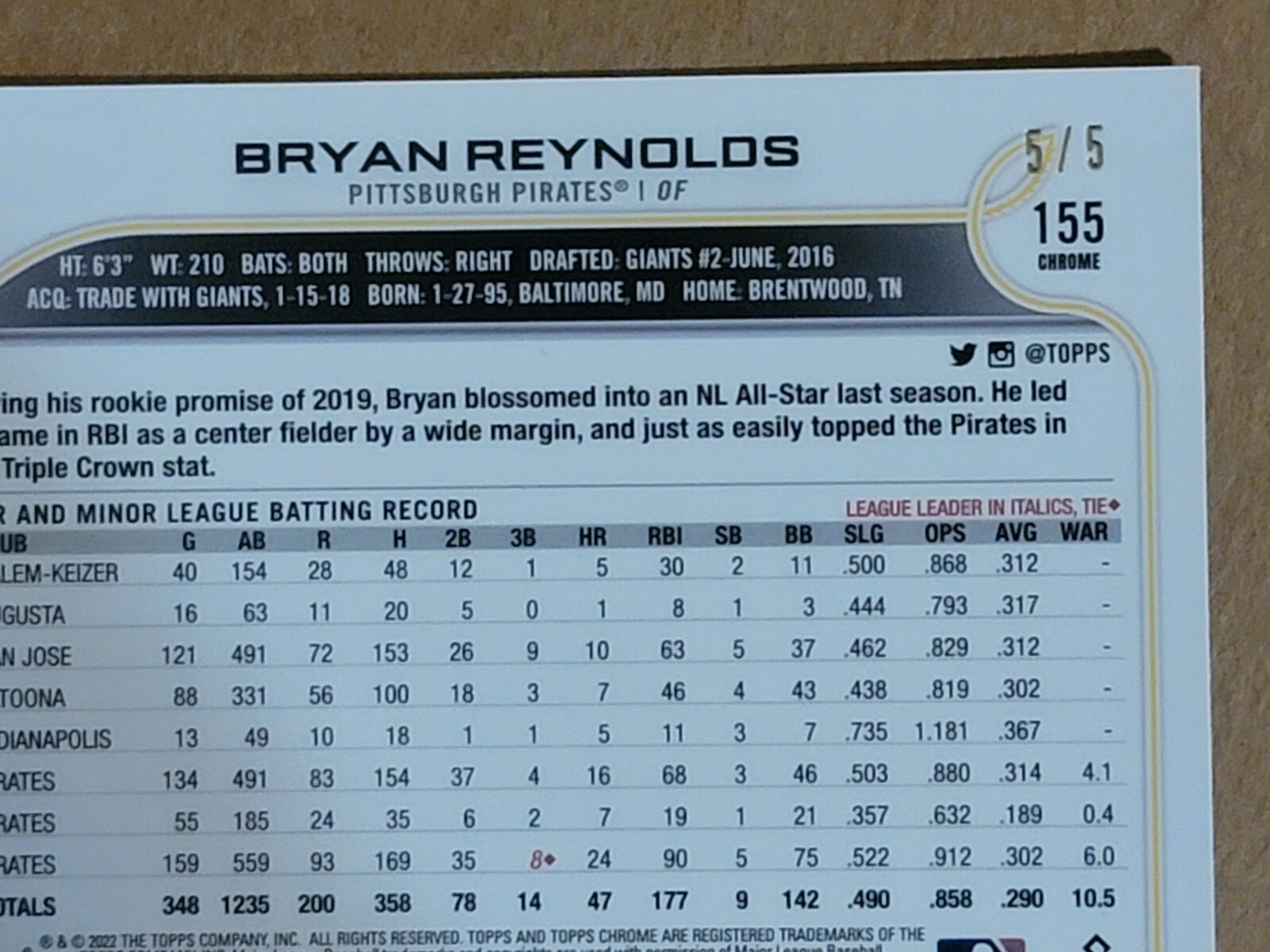 Carte de baseball réfracteur Bryan Reynolds 2022 Topps chrome ondes rouges 5/5 #155 - Photo 8 sur 10