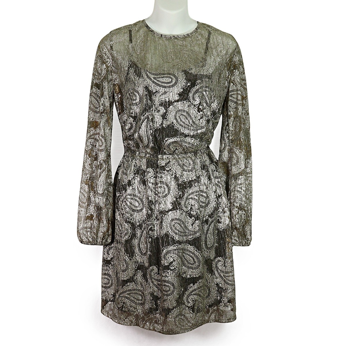 MICHAEL Michael Kors Gold Black Paisley Foil Long Sleeve Blouson Flounce  Dress L