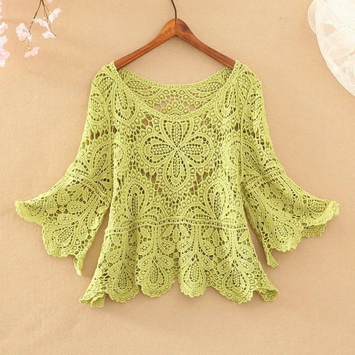Womens Crochet Crop Top Half Sleeve Hollow Out Lace Shawl Sun Protection Tops - Picture 26 of 26