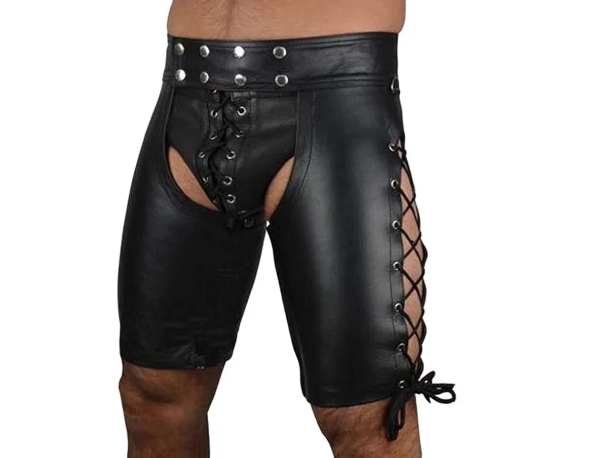 Men s Real Cowhide Leather Chaps Shorts Laces Up Chaps Cuir Schwarz BLUF Gay