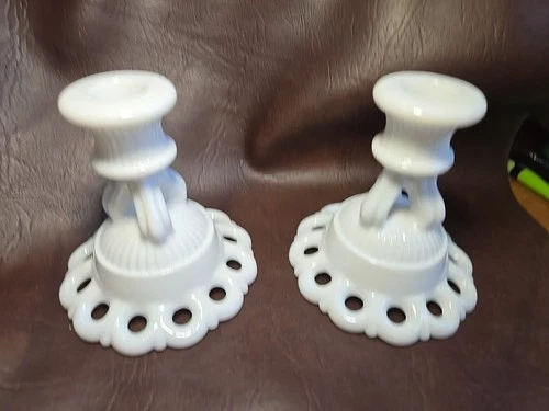 Pair Of Westmoreland White Milk Glass Doric Open Lace Candle Stick Holders