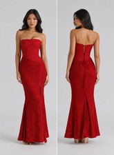 House of CB Valerie Red Satin and Lace Strapless Maxi Dress Size Small