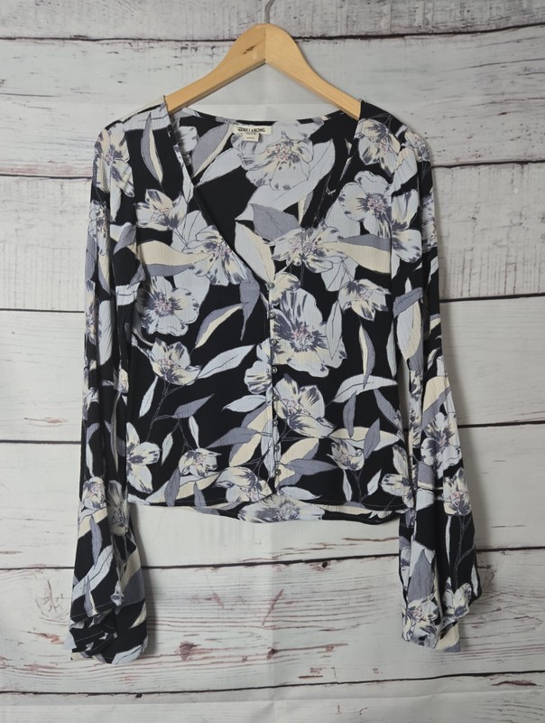 Billabong Womens Top Medium Blue Black Floral Button Front V-Neck Small Boho