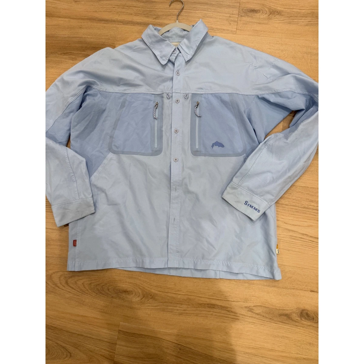 Camisa de pesca Simms SolarBan para hombre XL azul manga larga UPF 50+ bolsillos ventilados