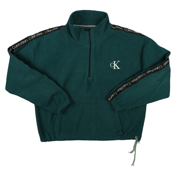Calvin Klein Jumper Womens XLARGE Green Logo Tape 1/2 Zip Fleece Cropped XL