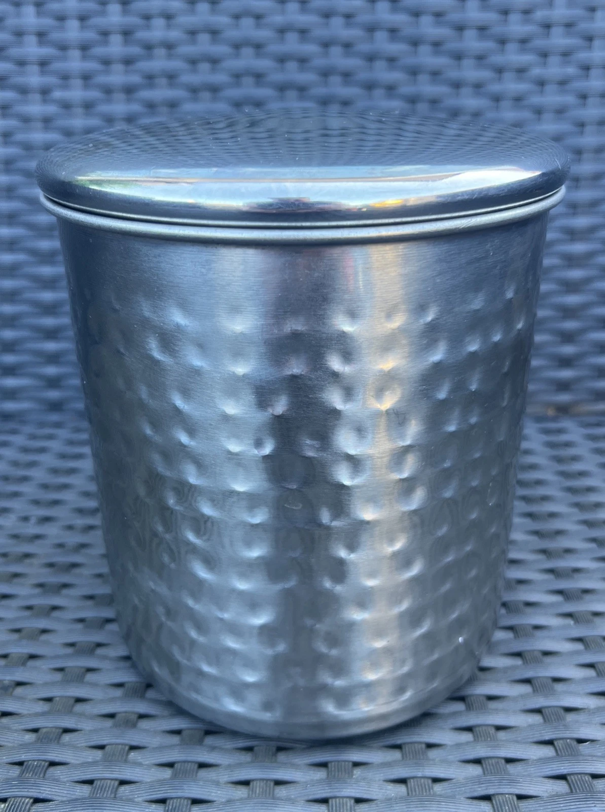 Vintage Quality Stainless Steel Shiny Hammered Kitchen Canister H 6.5” D 6” Vgc
