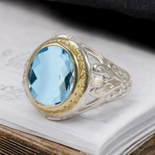 Aquamarine Oval Cut Gemstone With 925 Sterling Silver Ring For Men's #699 #