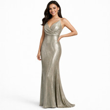 279 NWT Betsy Adam Formal Evening Gown Size 4 Silver Maxi Dress Wedding Party